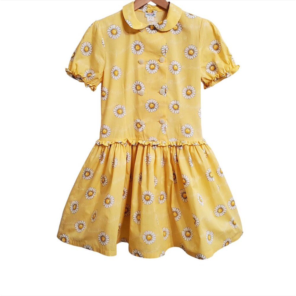Monnalisa Vintage Dress Size 40 Yellow Daisy Short Sleeve Tulle Buttons 80s 90s
